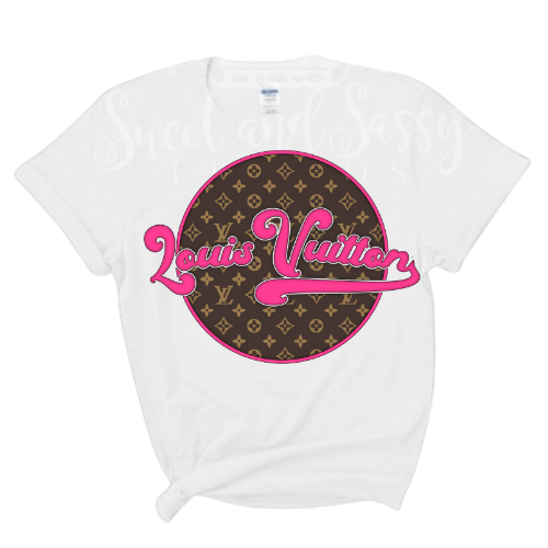 Retro hot pink Lv on white T-shirt
